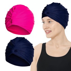mizikuu Women's Swimming Caps, Pack of 2 Swimming Caps with Adjustable Elasticity, Comfortable Non-Slip Pleated Swimming Caps, Swimming Cap, for Long Short Hair, Women, for Beach, Bathroom and Spa