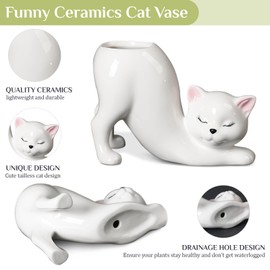 Tkerolk Cat Planter, Funny Ceramics Cat Vase, Unique Cat Planters for Indoor Plants, Animal Planters for Outdoor Plants, Cute Cat Flower Pot Office Desk Room Home Decor, White