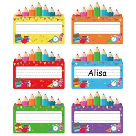 FYSUIMU 90 Pcs Back to School Name Tag Stickers Colored Pencil Nameplates First Day of School Self-Adhesive Label Decals for Students Teacher Desk Classroom, 6 Designs