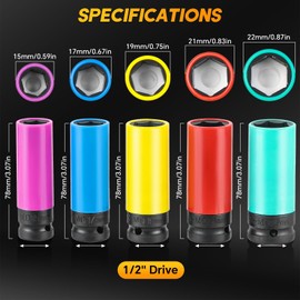 weyleity 5PCS 1/2" Drive Impact Lug Nut Socket Set | 15 17 19 21 22 mm Wheel Protector Impact Socket Set Non-Marring Thin Wall Socket for Effortless Removal of Lug Nuts with Colored Protective Sleeve