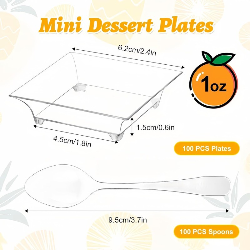KAHEIGN 100Pcs Plastic Appetizer Plates with Spoons, 6CM Square Dessert