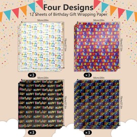 Birthday Wrapping Paper Birthday Gift Wrapping Paper 12 Sheets Folded Flat with 12 Gift Tags for Birthday Party Baby Shower