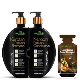 Herbishh Light Brown Hair Dye Shampoo Kit + Keratin Shampoo & Conditioner | PPD-Free Gray Coverage + Sulfate-Free Frizz Control | 10 Sachets + Argan Mask + 2 x 450ml