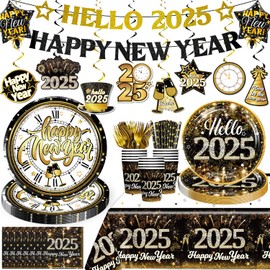 Wellspar 170pcs Happy New Year 2025 Tableware Set, New Years Eve Decorations Include Happy New Year Banner New Years Tablecloth New Years Plates 2025 New Years Eve Party Supplies for 25 People