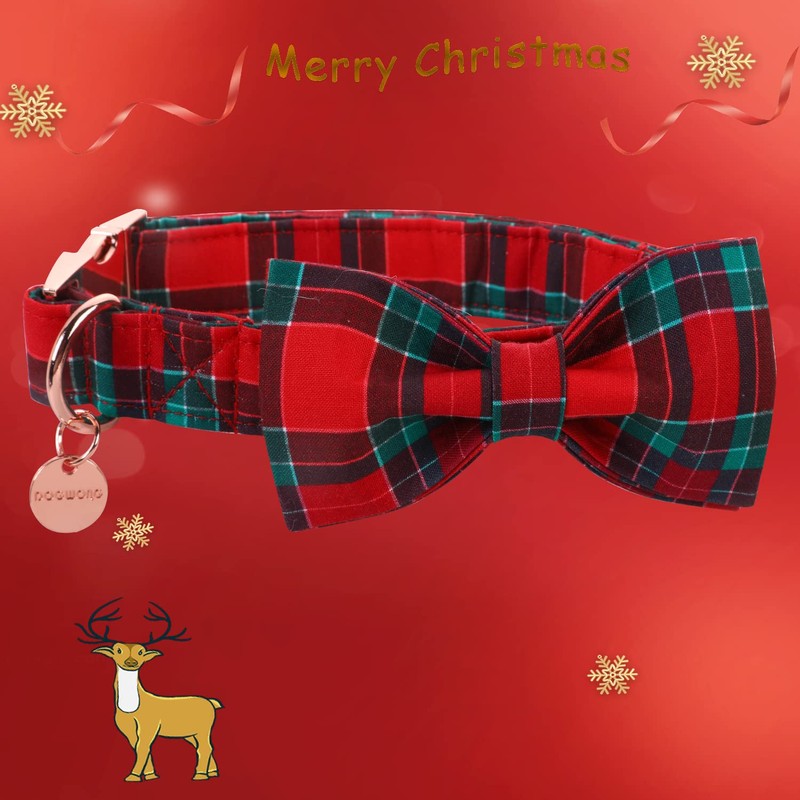 DOGWONG Christmas Dog Collar with Bow tie, Red Plaid Dog