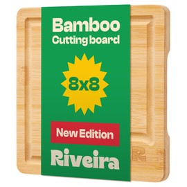 Riveira White Bamboo Wood Cutting Board – Gourmet Bamboo Grandeur: 8 x 8 Wooden Cutting Board – Wooden Cutting Boards For Kitchen Decorative – Innovative Juice Grooves Wooden Chopping Board