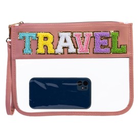 Alameda Chenille Letter Travel Makeup Organizer for Toiletries、Snack，Multi-Purpose Toiletry Bags for Women Girls Carry On，Clear Bag Stadium Approved,Clear Tote(PU Leather Style-Beach, Small)