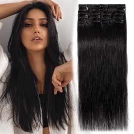 MY-LADY Clip in Hair Extensions Human Hair Balayage 100% Real Remy Human Hair 8pcs Weft Full Head Silky Straight for Women 22 Inch 85g #1 Jet Black