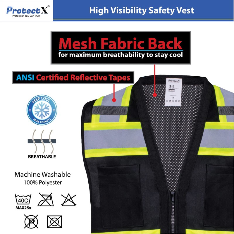ProtectX Hi-Visibility Solid Front Mesh Back Safety Vest with 6