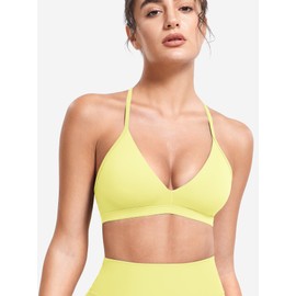 YEOREO Sports Bras for Women Strappy Padded Halter Ericie Open Back Light Impact Deep V Neck Yoga Workout Gym Tops Yellow M