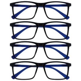 OPULIZE Ink MMMM4-1 -2.00 Long Distance Glasses Pack of 4 Large Rectangular Frame Spring Hinges Scratch-Resistant Black Men Women