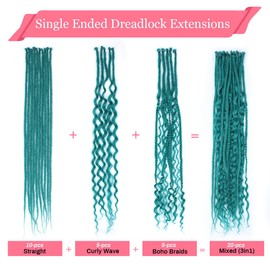 KRALER 24 Inch Mixed SE Dreadlock Extensions Sets, 3 in 1 20 Strands Synthetic Single Ended Dreads Extensions, Teal Green Hippie Dreads Style for Girls