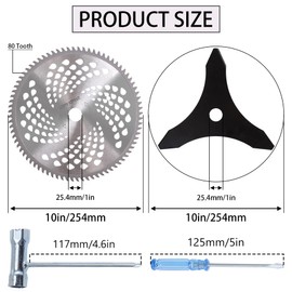 10" x 3 Teeth Carbon Steel Brush Cutter Blades & 10" x 80T Carbide Tip Brush Blades with 2 Different Adapter Kits,Premium Stainless Steel Trimmer Head Compatible with Cutter, Trimmer, Weed Eater