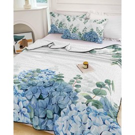 Quilt Sets Queen Size Green Eucalyptus Blue Hydrangea Comforter Set Lightweight Soft Bedspread Coverlet 3 Pieces Leaves Quilted Bedding Set with 2 Pillowcases Thin Bed Cover for All Season 90x96
