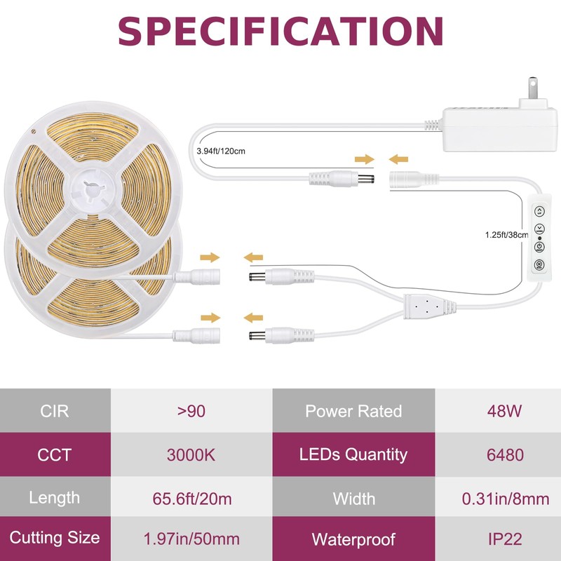 Wefomey 65.6ft COB LED Strip Light with Remote, 3000K Dimmable