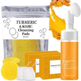 Natural Turmeric Wash and Care Set, 4-Piece Skincare Kit - Facial Wash with Brush, Cleansing Mousse, Soap & Exfoliating Pads for Face & Body