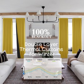 SHINELAND Fall Blackout Curtains 84 Inches Long for Living Room,Boho Mustard Yellow Black Out Room Darkening MCM Mid Century Modern Curtains for Bay Window 2 Panel Sets