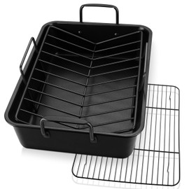 P&P CHEF 16" Roaster Roasting Pan with Baking Rack and V-shaped Rack, Stainless Steel Rectangular Lasagna Pan with Handles for Turkey Chicken, Healthy & Dishwasher Safe, 3 Pieces, Black