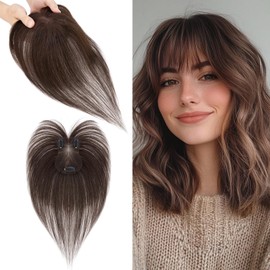 S-noilite Hair Toppers Real Hair Dark Brown Toupee for Women with Wispy Fringe 100% Real Hair Clip-In Hairpieces for Thin Hair 14 g 27 cm