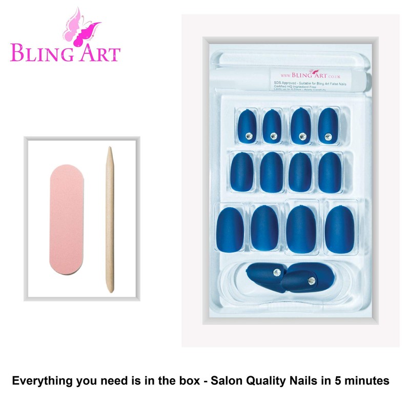 Bling Art False Nails Blue Matte Oval Medium Fake Acrylic
