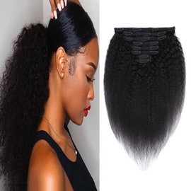 Seelaak Afro Kinky 18 Inch Straight Clip In Human Hair Extensions for Black Women 10A Brazilian Clip ins Human Hair Coarse Yaki Clip Ins Hair Extensions Natural Kinky Straight Clip in Hair Extensions Double Weft 100Gram 8Pcs/Set