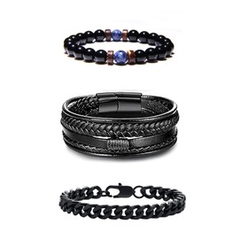 Stainless Steel Cuban Link Chain Bracelets Braided Leather Cuff Wrap Wristbands Tiger Eye Bracelet Natural Gemstone Healing Crystals Stretch Beads Bracelets for Men Gifts A