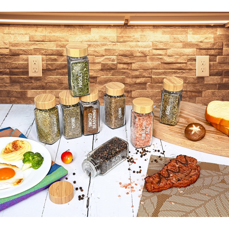 Set of 24 Glass Spice Jars with Various Labels, Bamboo