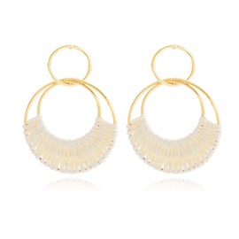 Handmade Rattan Earrings Statement Geometric Round Drop Earrings for Women Girls Lightweight Handmade Straw Wicker Rattan Dangle Earrings Boho Summer Beach Earrings (White)