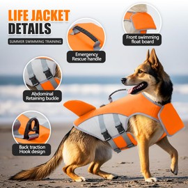 Shark Life Jacket for Dogs, High Flotation Pet Life Vest with Handle, Removable Front Float Dog Safety Lifesaver Orange Small