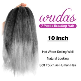 WUDAS Ombre Grey Braiding Hair 10 Inch Short Pre Stretched Hair Straight Yaki Texture Synthetic Hair Extensions Softness, 2 Packs
