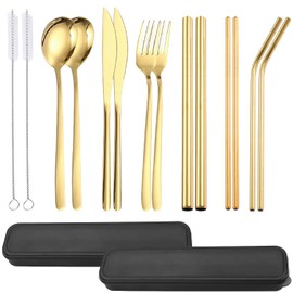 AMZYYDS Dos conjuntos Juego de 304 Cubiertos de Acero Inoxidable de 7 Piezas en 1 * 2,No316Set de Cubiertos Portatiles con Cuchillo, Total 14 sistemas Juego de Cubiertos Dorados (dorado2)