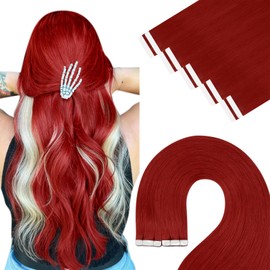 YoungSee Tape in Hair Extensions Red Tape Hair Extensions Human Hair Red Tape on Real Hair Extensions Red Tape in Hair Extensions Real Human Hair Color Tape in Red Extensions Human Hair 18In 25G 10Pcs