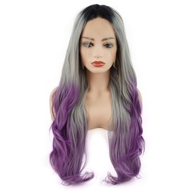 Meiyite Hair Wavy Long 26inch Dark Root Grey Purple Ombre Half Hand Tied Heavy Density Realistic Synthetic Lace Front Wig