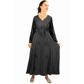 Agan Traders 2025 Women Long Sleeve Maxi Dress – Medieval Peasant Corset Rayon Gown | Bohemian Long Sleeve Maxi Summer Dress (210 DR, XL, Blk)