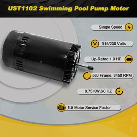 UST1102 Swimming Pool Pump Motor with PS-201 Seal Kit Compatible with Hayward Super Pump, Super II, Max Flow, Northstar & Jacuzzi Magnum pump | 1.0 HP C-Face Pool Motor, 115/230 Volts, 3450 RPM（Black）