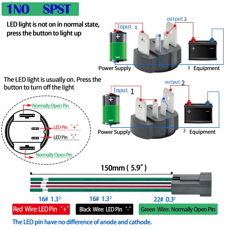 15Amp Latching Push Button Switch 19mm Green 12V 24V Power
