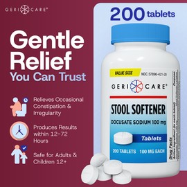 GeriCare Docusate Sodium Stool Softeners, Best Stool Softener for Daily use for Women, Men, and Elderly - Ideal for Constipation Relief 100mg Crushable Tablets. (200 Count) Made in The USA.