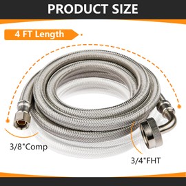 1-Pack HeSun 4 Feet Stainless Steel Dishwasher Hose with 90 Degree FGH Elbow, 3/8" Comp x 3/4” FHT Water Supply Line (4 Ft)
