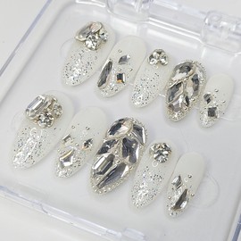 Wedding White Full Stone Handmade Nail Tips - Short Nose Pin / 웨딩 화이트 풀스톤 수제네일팁 - 숏코핀