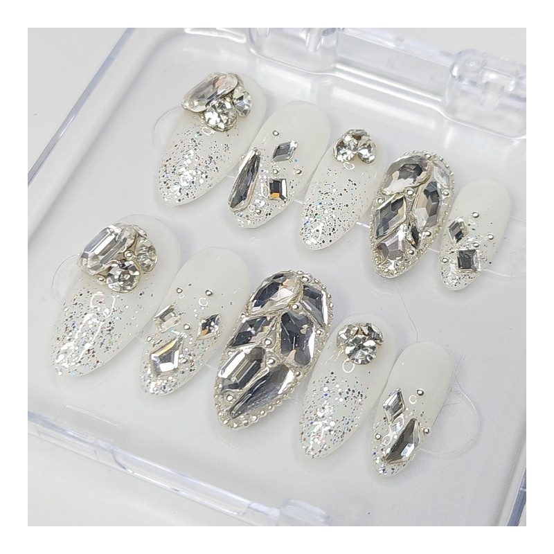 Wedding White Full Stone Handmade Nail Tips - Short Nose