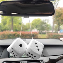 Eluckya Pair 2.75” White Fuzzy Plush Dice Classic Vintage [Nostalgic 80’s Fuzzy Car Dice for Mirror ] for Automotive Interior Mirrors