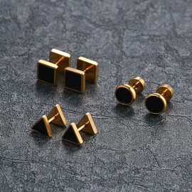 Aroncent 3 pairs men's stud earrings set stainless steel enamel round triangle square fake ear plugs tunnel piercing rose gold black