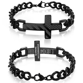 Saintda Engraved American Flag Bible Verse Cross Bracelet for Men, Black Stainless Steel Cuban Chain 13.5" Adjustable Christian Religious Jewelry Gift for Him Joshua 1:9