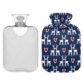 ZZXXB Deer Red Love Heart Hot Cold Water Bottle with Fleece Cover PVC Hot Water Bag 1 Liter