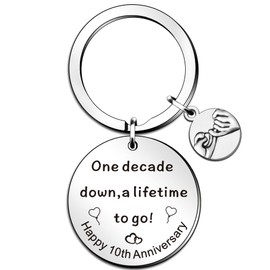 QMVMV 10th Anniversary Keyring Gifts for Him Her One Decade Down A Lifetime to Go Keyring 10 Year Anniversary Keyring for Couple Valentines 10th Wedding Gifts for Husband Wife