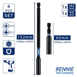 4 Piece Rennie Tool Magnetic 60mm and 152mm Professional Impact Bit Holders with 1 x 100mm Pozidriv PZ2 Screwdriver Impact Bit & 1 x 50mm Phillips No.2 PH2 Screwdriver Impact Bit. Heavy Duty