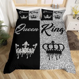 Homemissing Black and Grey Crown King and Queen Duvet Cover King Size for Adults Couple Men Women,Valentine'S Day Wedding Gifts,His and Hers Quilt Cover 2 Pillowcases Bedroom Decor(No Glitter)
