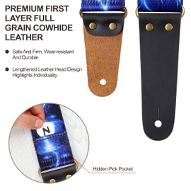 Nefelibata Guitar Strap, Nylon Print Guitar Straps with Head Cowhide Leather Ends for Bass, Electric & Acoustic Guitars, Free Strap Button, 1 Pair Strap Locks and 4 Guitar Picks