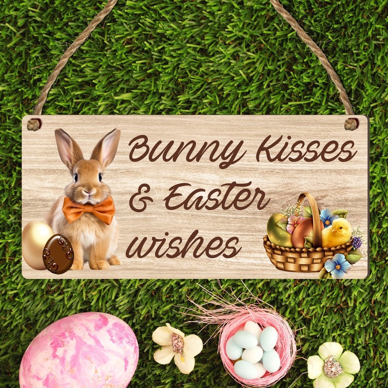 Bunny Kisses & Easter Wishes Wooden Plaque - Handcrafted Easter