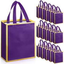 Sweetude 16 Pcs Reusable Gift Goodie Bags with Handles Non Woven Party Favor Shopping Tote Bags for Wedding Birthday Holiday Party Graduation Bridesmaid Gift(Purple Gold,8 x 4 x 10 Inch)
